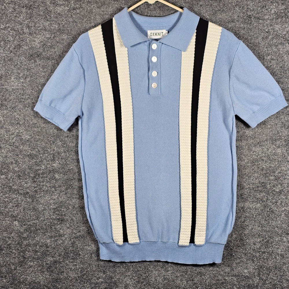 OXKNIT Mens XL Blue Knit Polo Shirt Retro Vertical Stripe Short Sleeve Cotton